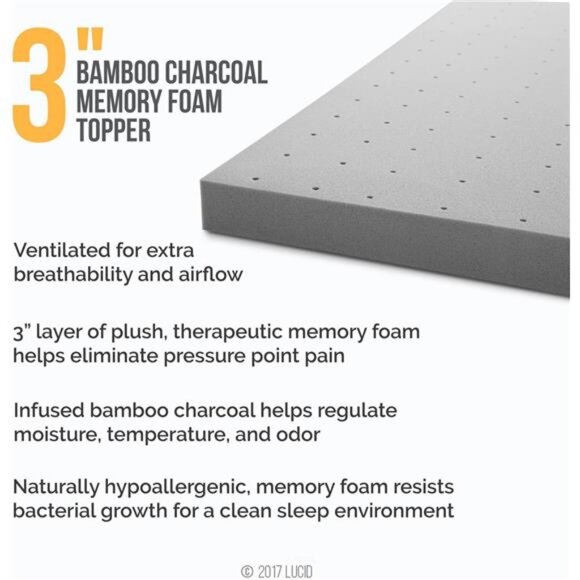 New 3 Inch Ventilated Bamboo Charcoal Memory Foam Mattress Topper - Twin XL - Picture 2 of 7